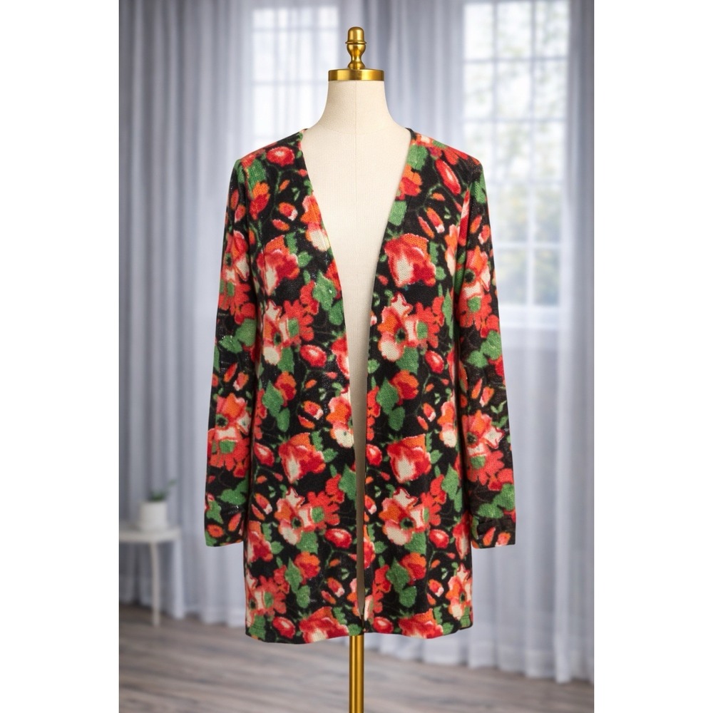 J Jill Cardigan Sweater Waffle Knit Multicolor Floral Button Front Size Medium